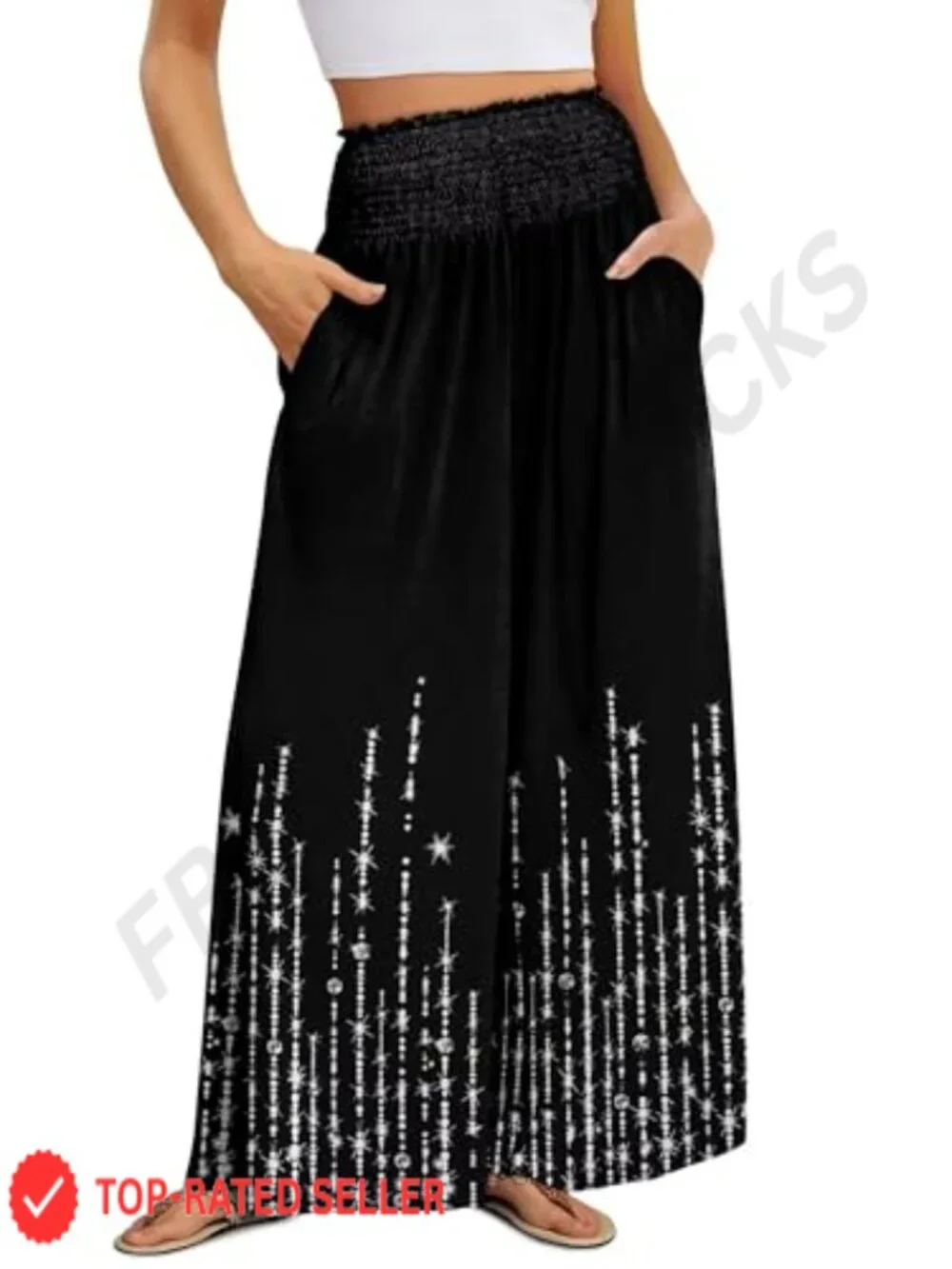 Wide Leg Palazzo Pants High Waist Flowy Casual Lounge Pockets Boho Beach